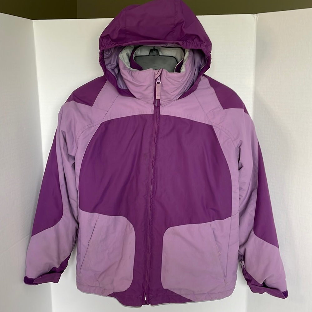 Lands’ End purple two toned winter coat with fleece, hood & pockets kids size M